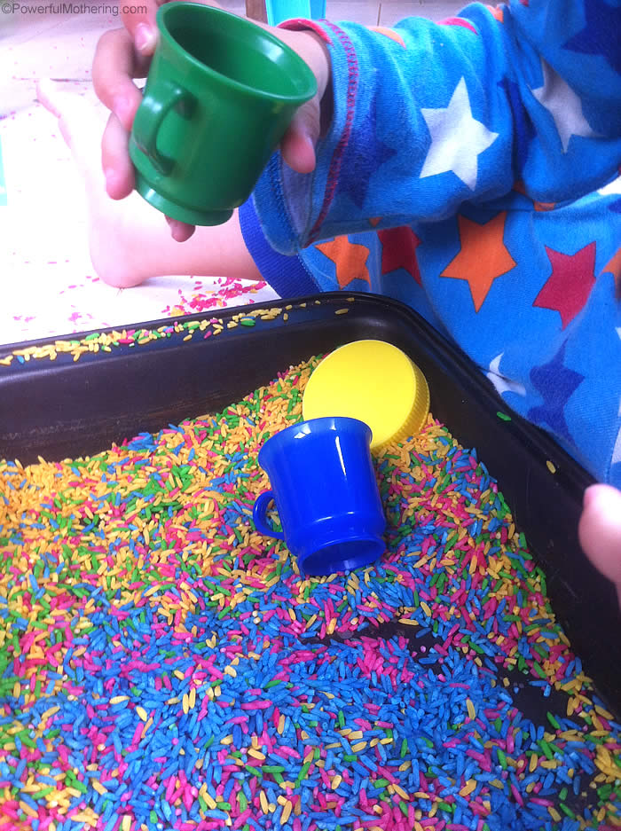 sensory play with color rice