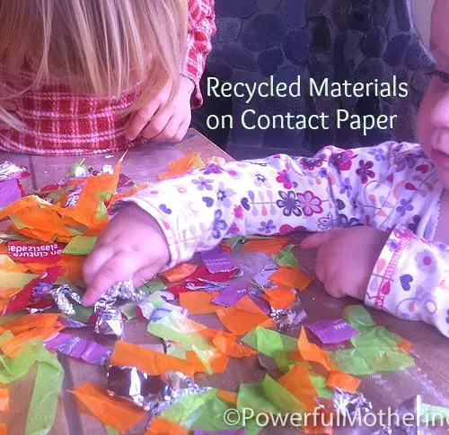 Recycled items on contact paper kids activities foil
