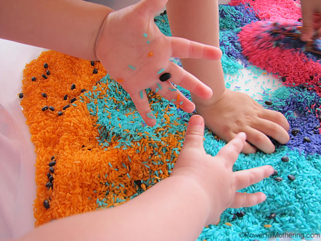 explore texture in a color rice sensory bin