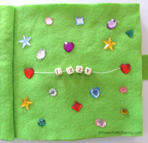 Sequins with Name Recognition No Sew Quiet Book Page from PowerfulMothering.com