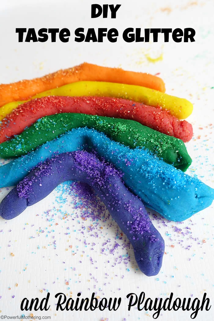 DIY Taste Safe Glitter and Rainbow Playdough sensory play