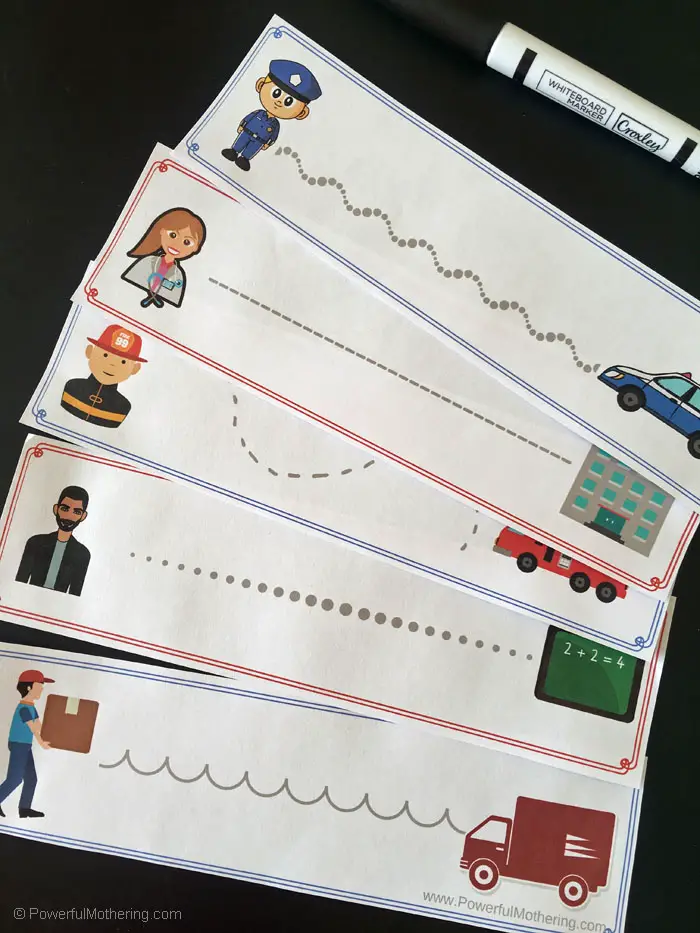 Community helper themed prewriting activity for toddlers and preschoolers. They will be having so much fun they'll never know they're strengthening skills! 