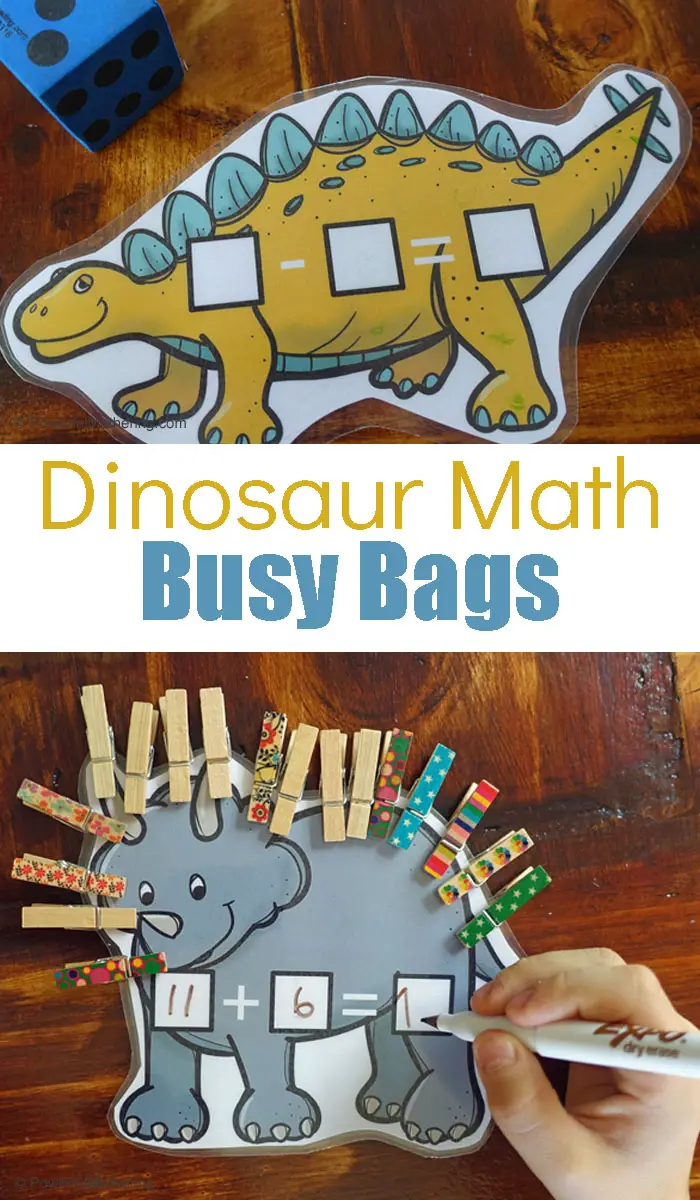 A Free Dinosaur Math Printable In A Busy Bag to help children practice both addition and subtraction in an easy and fun way.