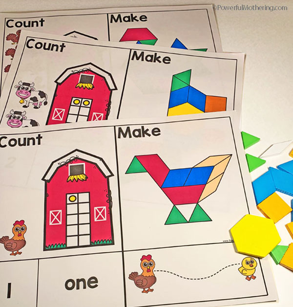 A farm themed pattern block mat set for numbers 1-10. Excellent for practicing number sense, strengthening fine motor and patterns as well as prewriting.