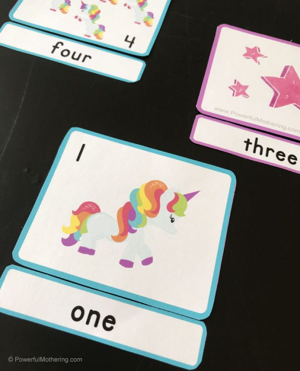 Unicorn Number Cards to help kids with counting and writing numbers 1-20.