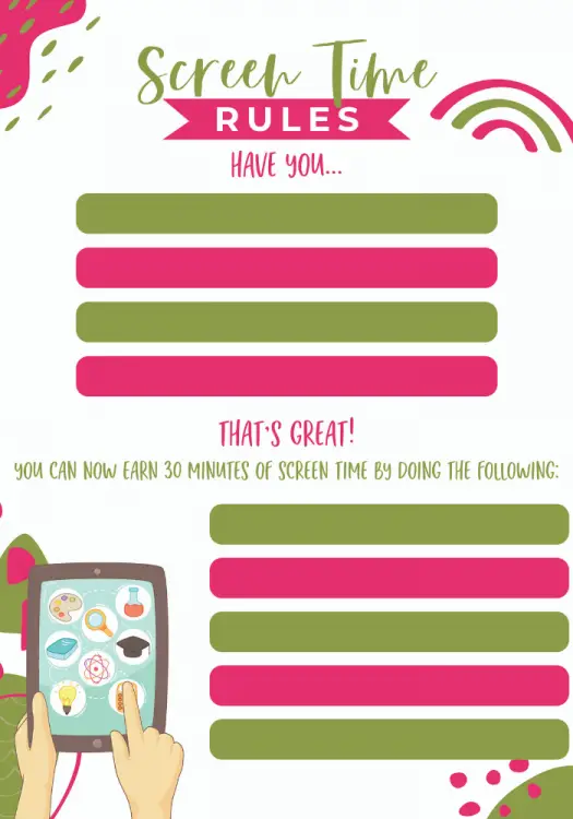 A fun printable set to help encourage responsibility and limiting screen time for kids. 