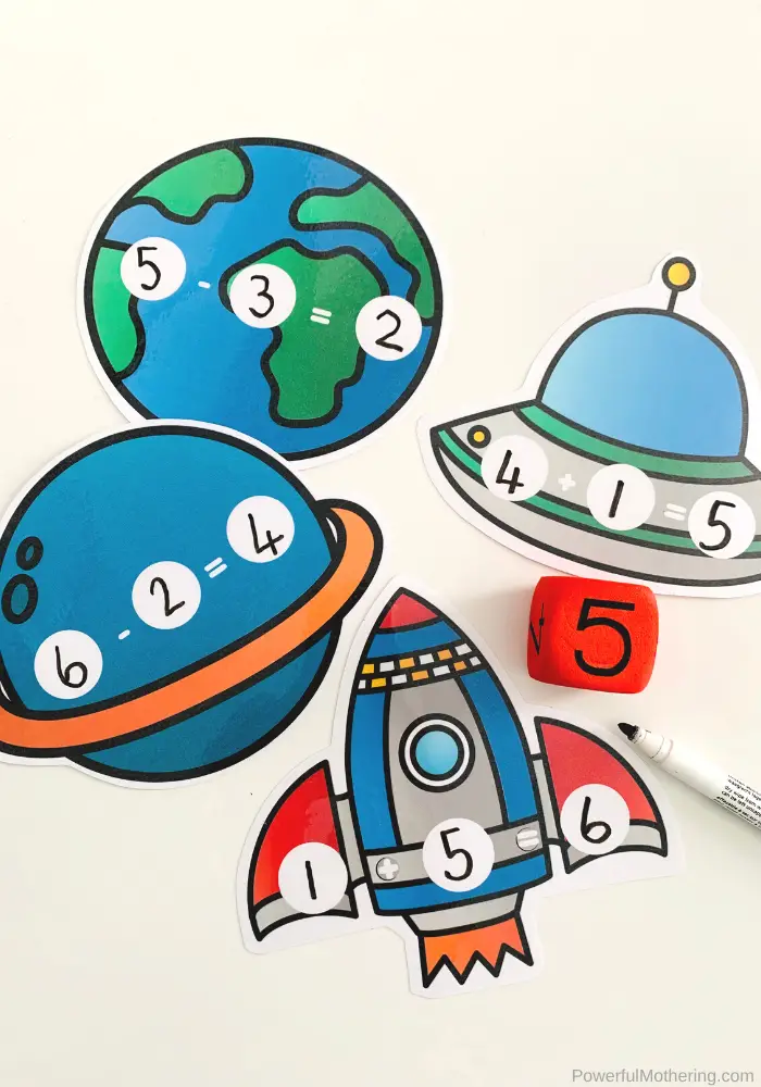 A fun Space Sums Math Game is perfect to introduce and practice addition and subtraction for kids. The fun space theme is icing on the cake! #addition #subtraction #spaceactivities
