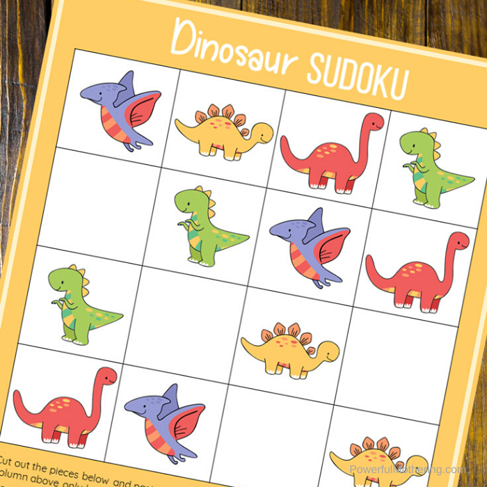 A printable Dinosaur Sudoku game for kids. This fun game will help encourage math skills as well as logic, reasoning, patience, memory and so much more!