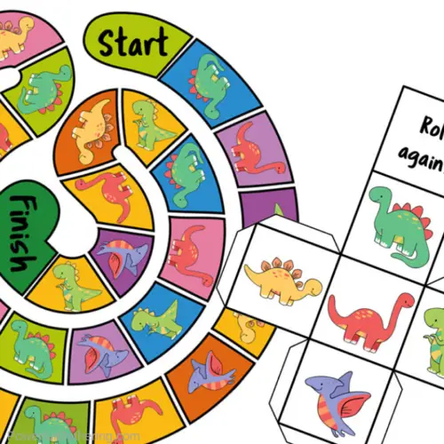 A simple dinosaur board game kids will love. This set comes with the board game as well as the dice and tons of fun & learning to be had!