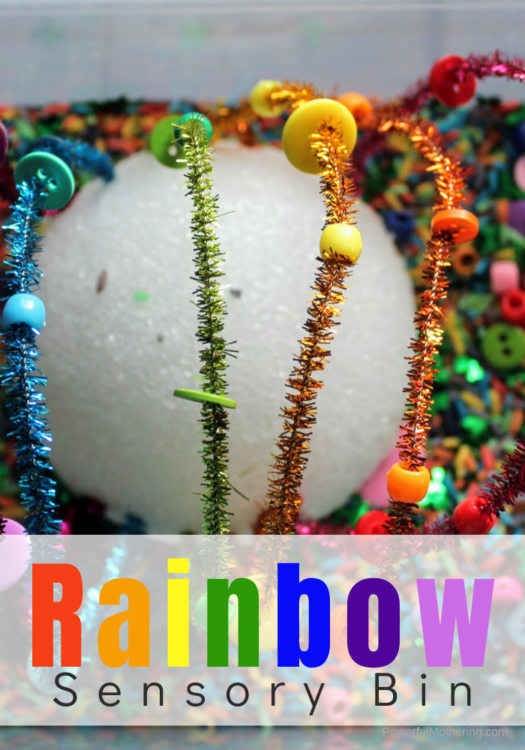 A fun and colorful Rainbow Sensory Bin to help children with color recognition as well as fine motor skills.