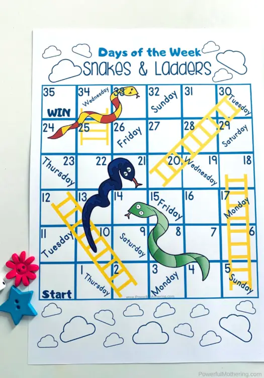 A fun printable board game to help kids learn the days of the week and their order. 