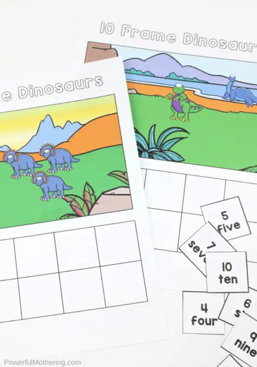 Explore a variety of math skills with this mega dinosaur printable pack. Have fun while strengthening math skills such as time, counting, one to one correspondence, number recognition, number formation, patterns, number words and so much more! #preschoolmath #kindergartenmath #dinosauractivities