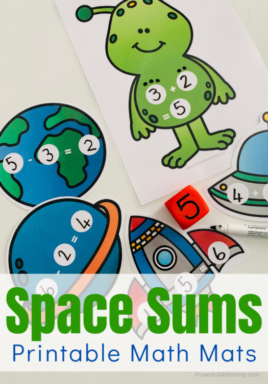 A fun Space Sums Math Game is perfect to introduce and practice addition and subtraction for kids. The fun space theme is icing on the cake! #addition #subtraction #spaceactivities