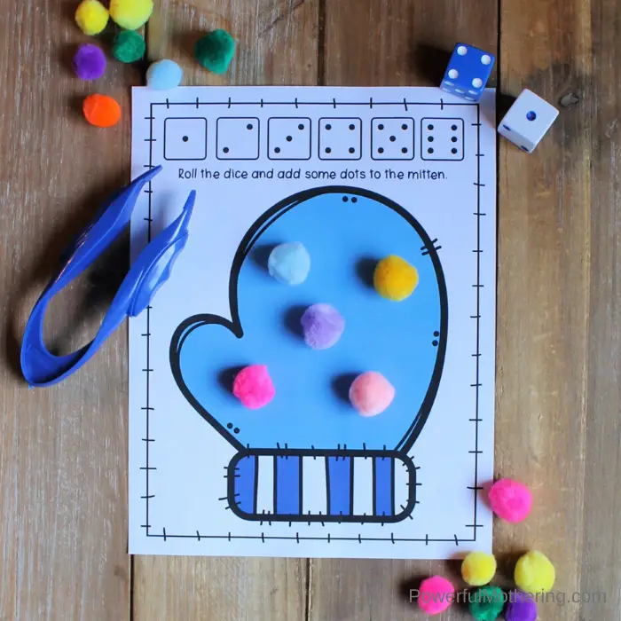 A printable Mitten Math Mat to help children strengthen fine motor skills and practice simple math skills. These mats can be used for counting, addition or subtraction.