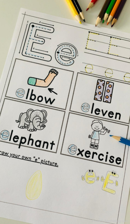 Printables to help kids learn all about the letter E including identification, writing, reading and beginning sounds.