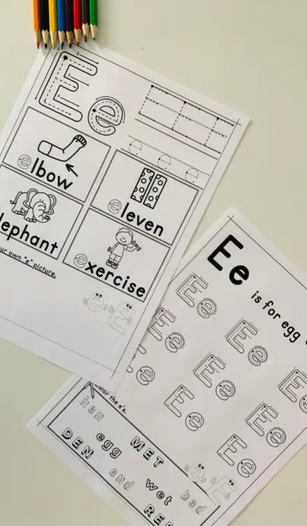 Printables to help kids learn all about the letter E including identification, writing, reading and beginning sounds. 