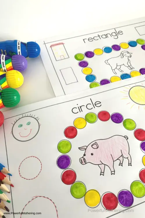 A fun shape activity using do a dot markers. Kids will love this farm animal theme and learning about shapes too! 