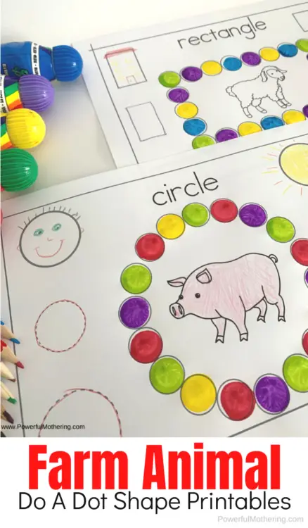 A fun shape activity using do a dot markers. Kids will love this farm animal theme and learning about shapes too! 