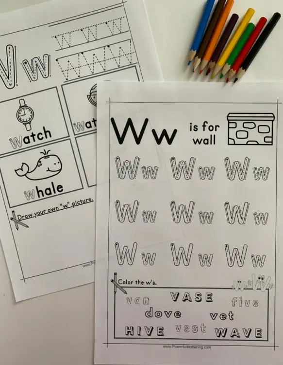Letter W Tracing Worksheets that help children explore the letter W including beginning sounds, tracing, and more. 