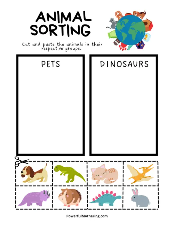 Printable Animal Sorting Activity pets vs dinisaurs