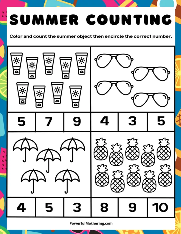 summer counting objects printables