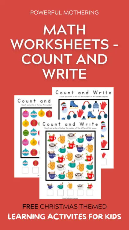 Free count and write math printable worksheets Christmas and winter themed