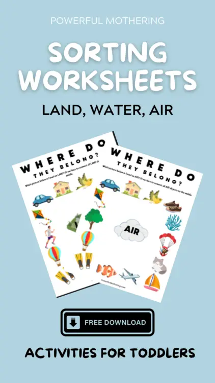 free sorting worksheets for kids - land, water, air